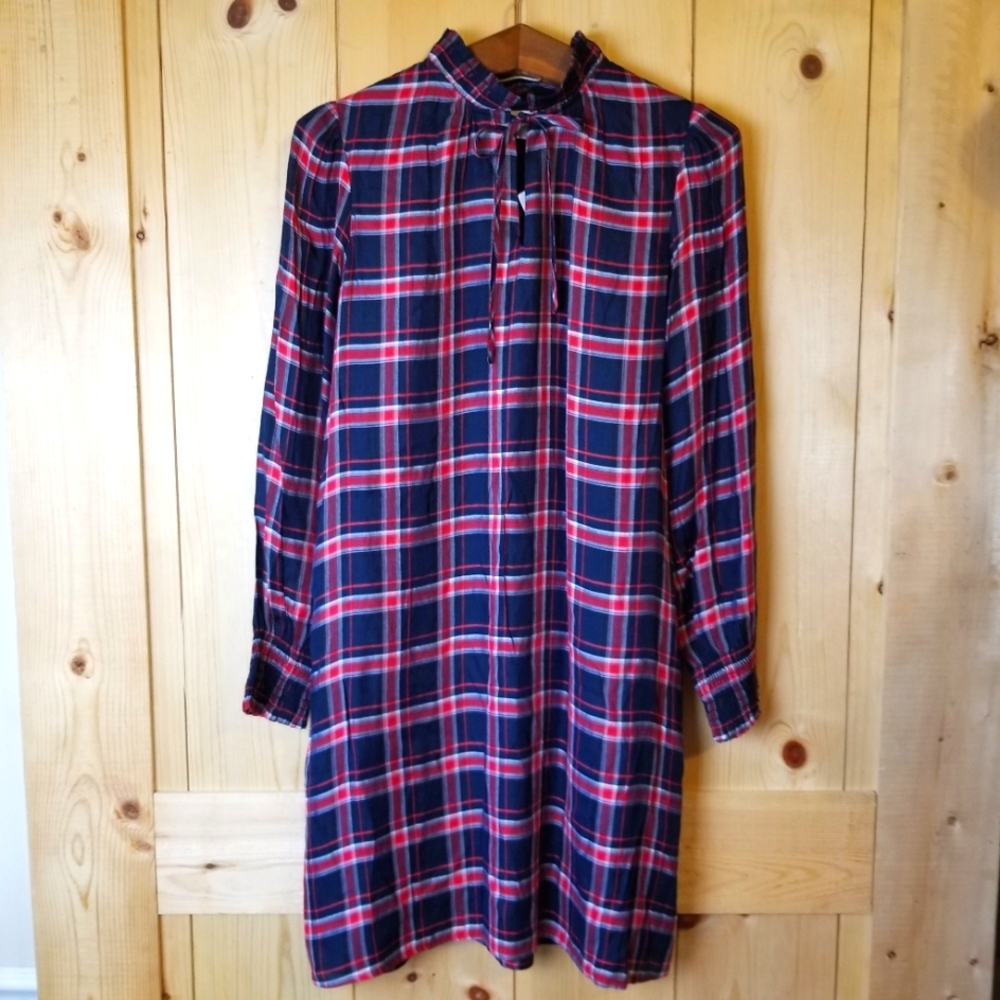 Loft Oversized Plaid Tie Neck Long Sleeve Lined Sheath Dress NWT